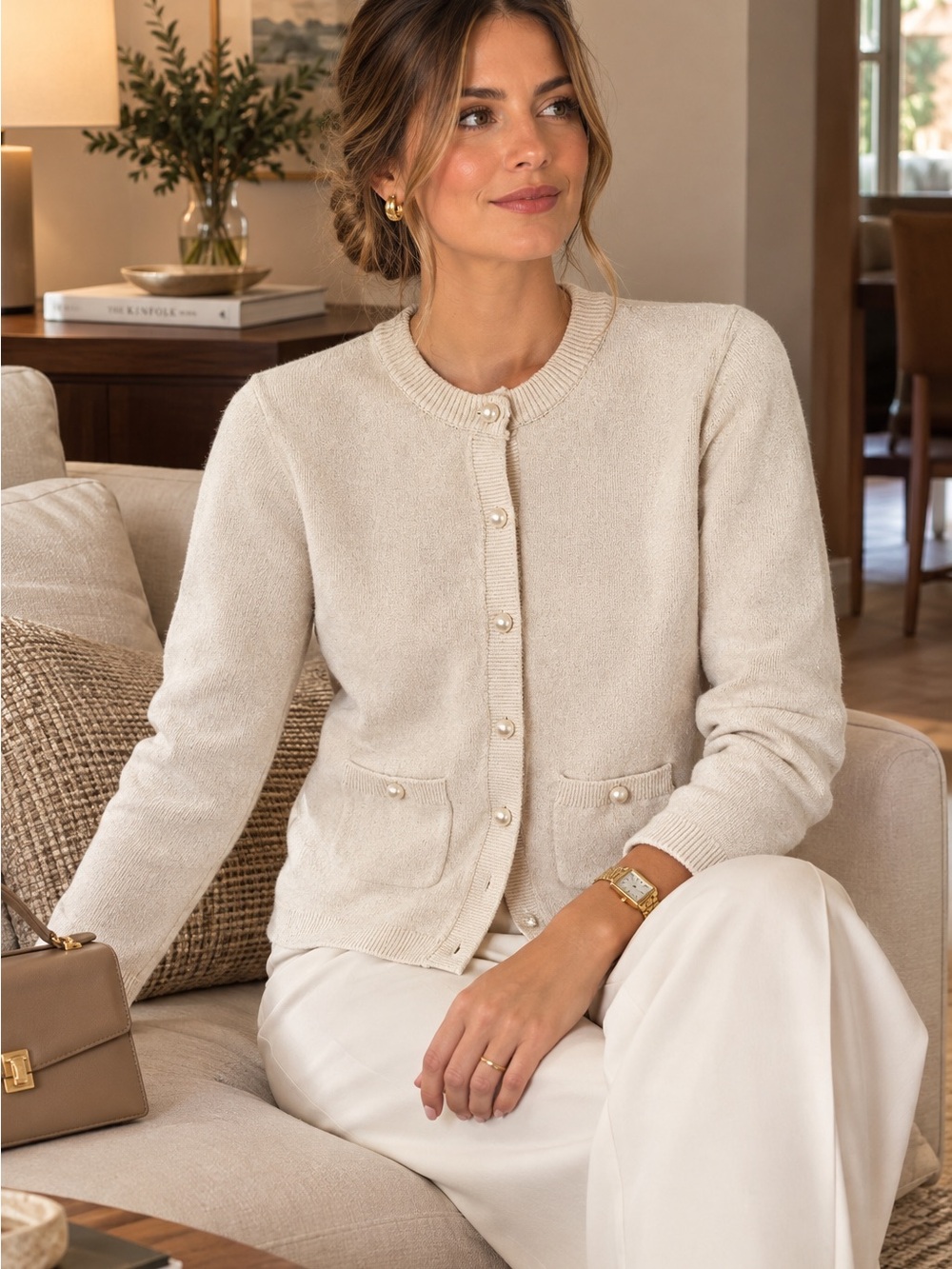 H&M Cream Pearl-Button Knit Cardigan